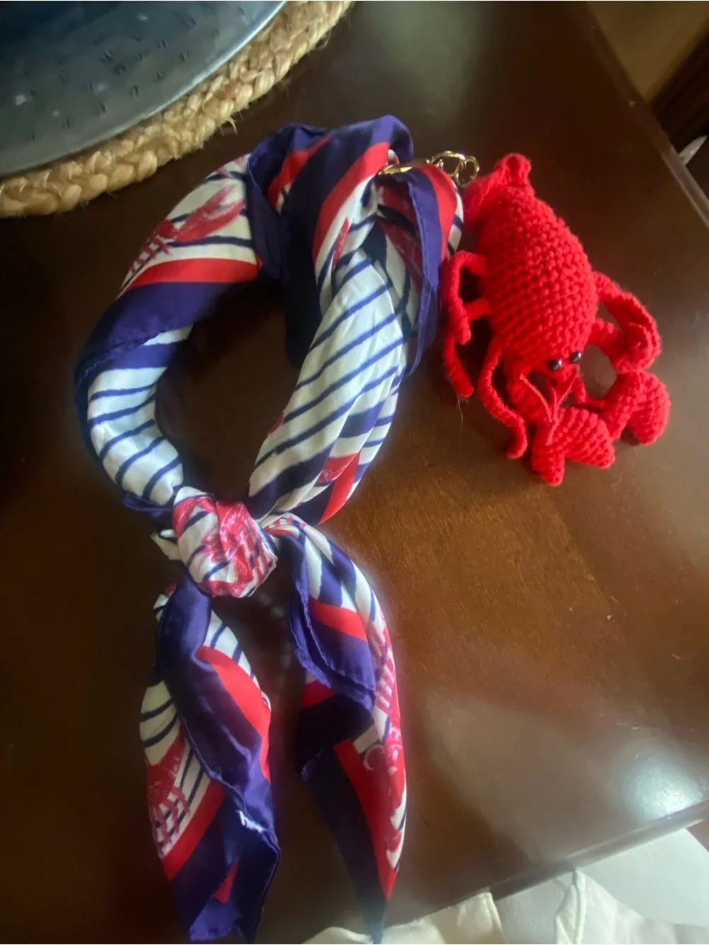 Trendy Red Crochet Lobster Keychain with Navy & White & Red Lobster scarf.